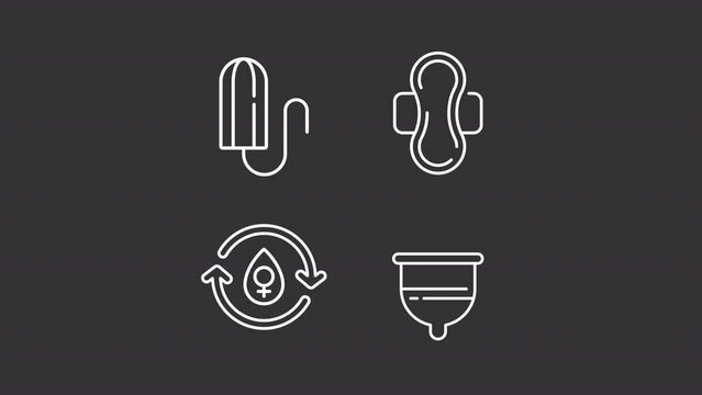 Feminine hygiene animation library. Menstrual healthcare animated white line icons. Gynecology treatment products. Isolated illustrations on dark background. Transition alpha. HD video. Icon pack