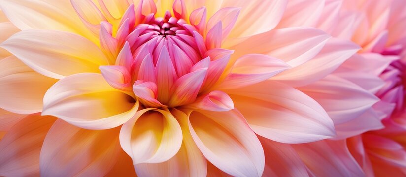 A closeup photo showcasing a pink dahlia flower with yellow petals and a peach center, perfect for botany enthusiasts studying flowering plants