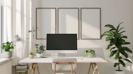 Multi opening Collage shape mockup photo frame fabric border, on computer table in modern living room, 3d render