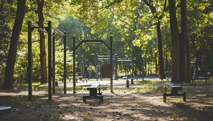Outdoor gym situated in a scenic park - seamlessly blending fitness routines with natural surroundings - equipped with eco-friendly exercise equipment and surrounded by picturesque running trails.