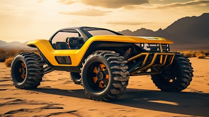 Fototapeta na wymiar large yellow four-wheeled vehicle in the desert in summer
