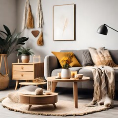The stylish boho compostion at living room interior with design gray sofa, wooden coffee table,...
