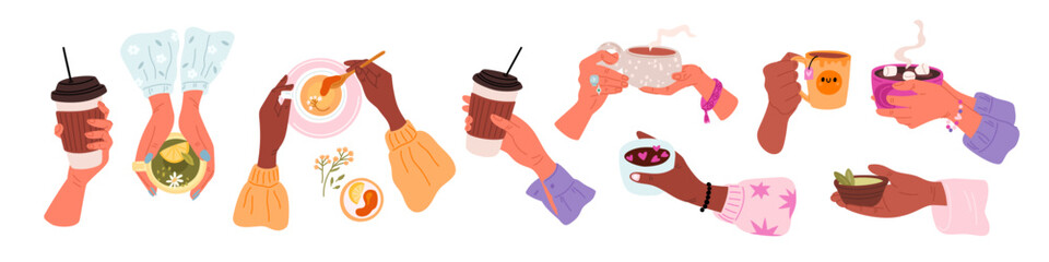 Female hands with hot drinks cups. Beverages ceramic mugs. Chocolate with marshmallow. Herbal tea. Tasty cappuccino. Women holding takeaway coffee. Lemon and honey. Garish vector set