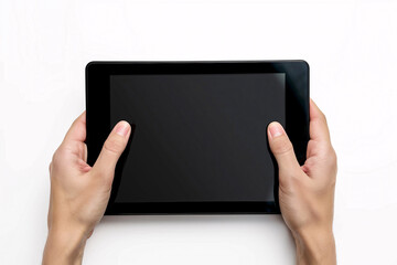 Hands touching blank screen of black tablet computer, isolated on white background, hand holding tablet