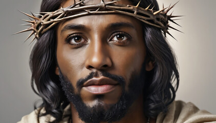 Dark-skinned Jesus. Black Jesus of Nazareth with crown of thorns on his head. Close-up of the son of god with an intense and good look. Faith, Christianity and sacred portraits. - obrazy, fototapety, plakaty