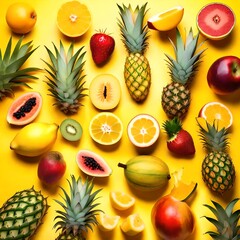 Variety of fresh tropical fruit on exotic yellow background
