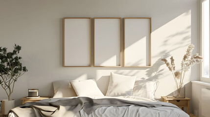 Multi opening Collage shape mockup photo frame wooden border, on bedside table in modern living room, 3d render
