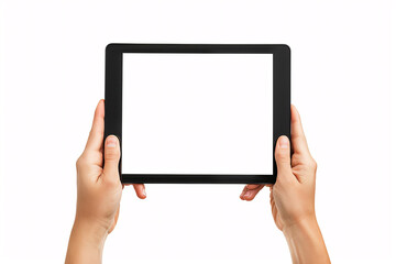 Hands touching blank screen of black tablet computer, isolated on white background, hand holding tablet