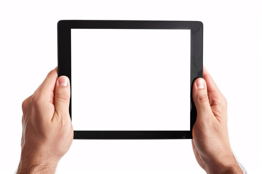 Hands touching blank screen of black tablet computer, isolated on white background, hand holding tablet