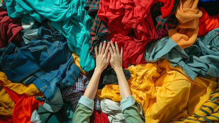 Top angle. Women's hands on pile colorful clothes. Revision clothing at home. Disorder and mass. Shopaholic, female wardrobe, nothing to wear. Household and laundry concept. Problem excess consumption