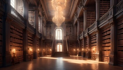 Highly Detailed Illustration Of A Grand Library With Floor To Ceiling Bookshelves  Ornate Ladders  And Ancient Books With Ethereal Glowing Titles (1)