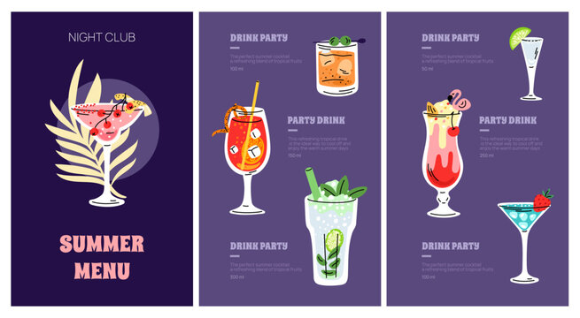 Cocktail menu. Alcohol drinks list with volume and composition. Bar brochure template. Exotic party beverages. Cold mojito. Refreshing pine colada. Margarita glass. Garish vector concept