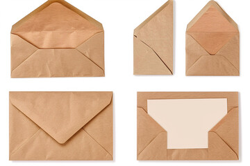 envelope isolated on white background, Set of brown envelopes (sealed, empty and with a blank paper inside), isolated on white background