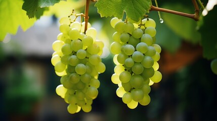 Close up of ripe green grapes hanging on a vine in a picturesque vineyard setting