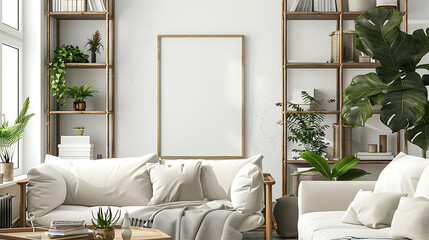 Multi opening Collage shape mockup photo frame bamboo border, on book shelf in modern living room, 3d render
