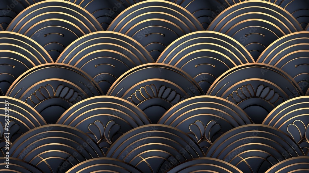 Poster modern seamless japanese pattern. geometric wave shape with a hexagon shape in gold.