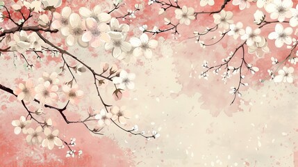 An abstract cherry blossom template with grunge texture. A flower background and landscape pattern are included.