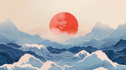 An abstract background with a Japanese wave pattern modern. A landscape template. Chinese graphics in the adventure theme.