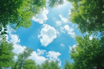 Obraz premium Green tree tops in summer forest