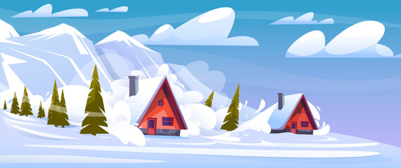 Avalanche on residential settlement. Natural danger disaster. Houses destruction. Elemental calamity. Snow descent from mountains. Winter season catastrophe. Cold landscape. Vector concept