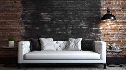 White sofa in room with glossy black brick wall