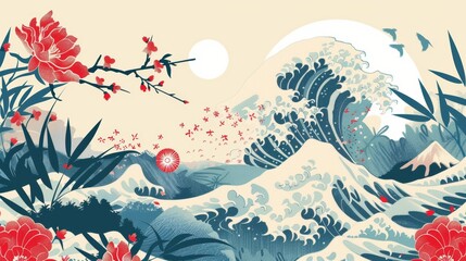 Background modern in Japanese style with Asian icons and symbols. Oriental poster design template with peony flower, wave, sea and bamboo elements.
