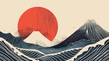 Abstract template with geometric pattern in Japanese style. Hand drawn wave modern background. Mountain layout design in oriental style. - obrazy, fototapety, plakaty