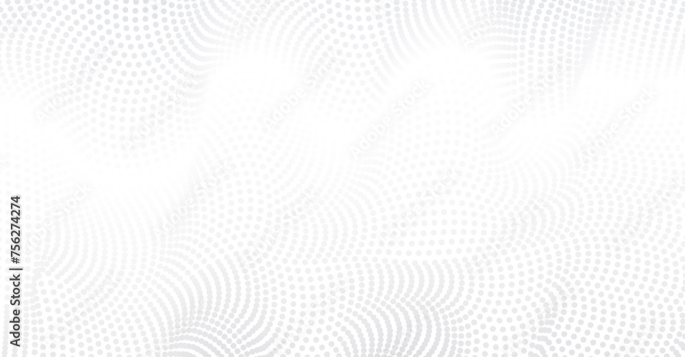 Poster Vector background with white abstract wavy lines, flowing dots particles wave pattern 3D curve shape isolated on white background. Modern science, technology, music, halftone light effect banner.
