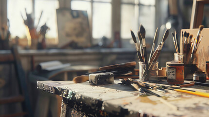 Old used drawing tools on a wooden table in an artist sudio - obrazy, fototapety, plakaty