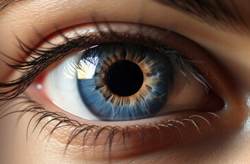 Macro pupil retina human eye, eyeball. Female eyes with long eyelashes close up. Macro of human eye. Closeup of blue human eye. Human eyes close-up detail - obrazy, fototapety, plakaty