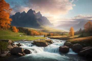 Foto op Plexiglas A landscape of a river with mountains background © AungThurein