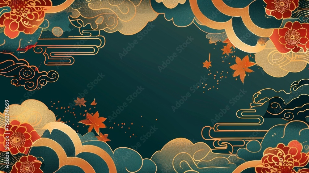 Poster an abstract template styled after chinese architecture. geometric pattern and gold texture decoratio