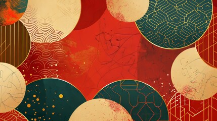 An abstract background in oriental style with Chinese new year banners. Modern geometric lines with Japanese patterns. Oriental circle shapes in gold textures.