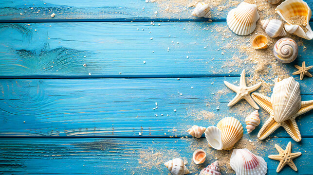 Summer scene with sand, shells and a starfish on an old blue wooden floor with copyspace