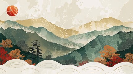 This Japanese background design features a wave pattern modern illustration. It is an abstract template in the style of a vintage mountain forest layout.