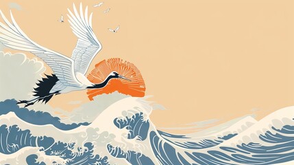 Animated crane birds decoration modern. Japanese background with hand-drawn wave pattern. Ocean sea banner template with natural landscape template.