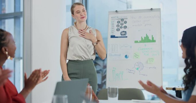 Thank you, presentation and applause with business people in boardroom of office together for coaching. Meeting, teaching or training with woman and employee team in workplace for upskill development