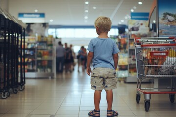 Child pushing shopping cart in mall rear view of kid with blurred retail background