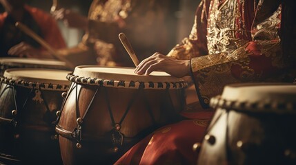Close-up of an ancient Chinese man playing a large Chinese drum. Wear Chinese national costume A strong drummer committed to playing the big drum and the wooden drum. - obrazy, fototapety, plakaty