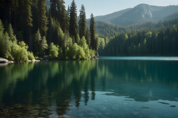 A beautiful and tranquil lake with forest background
