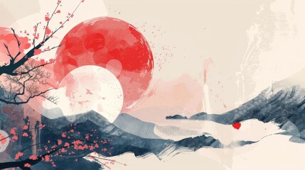 The background presents abstract arts with Japanese pattern moderns. The poster design incorporates art brush elements with geometric templates. - obrazy, fototapety, plakaty