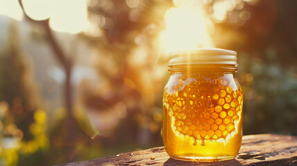 jar with honey on the background of nature