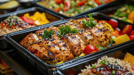 Obraz premium Take away or canteen self service food in trays, including grilled chicken, salad, rice, greens, dark background.