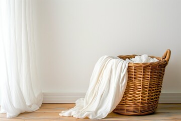 Fototapeta na wymiar wicker laundry basket in the interior on white background