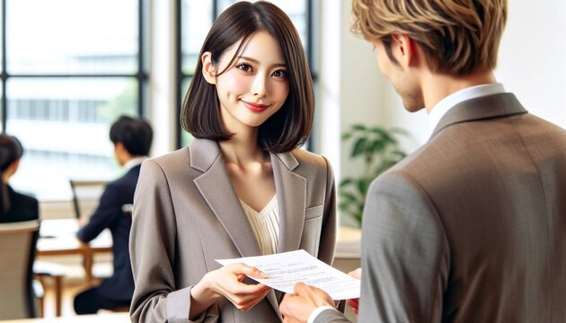 business woman handing over a document to a business man in office
