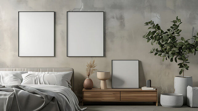Multi opening Collage shape mockup photo frame resin border, on bedside table in modern living room, 3d render