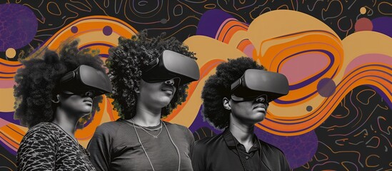 African American Group in VR Headsets with Abstract Orange Swirls