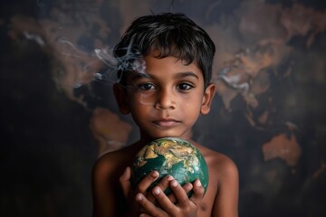 Naklejka premium Indian Boy with Globe Concept on Environmental Conservation