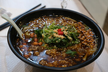 Paris, France - March 11, 2024: A close-up of a noodle Chinese soup.