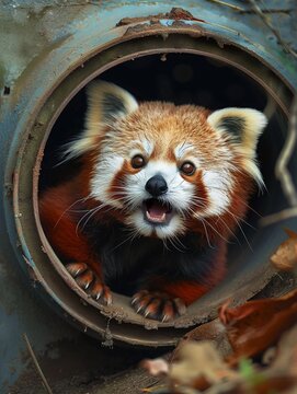 Surprised red panda peeking from a city drainpipe captured in a playful
